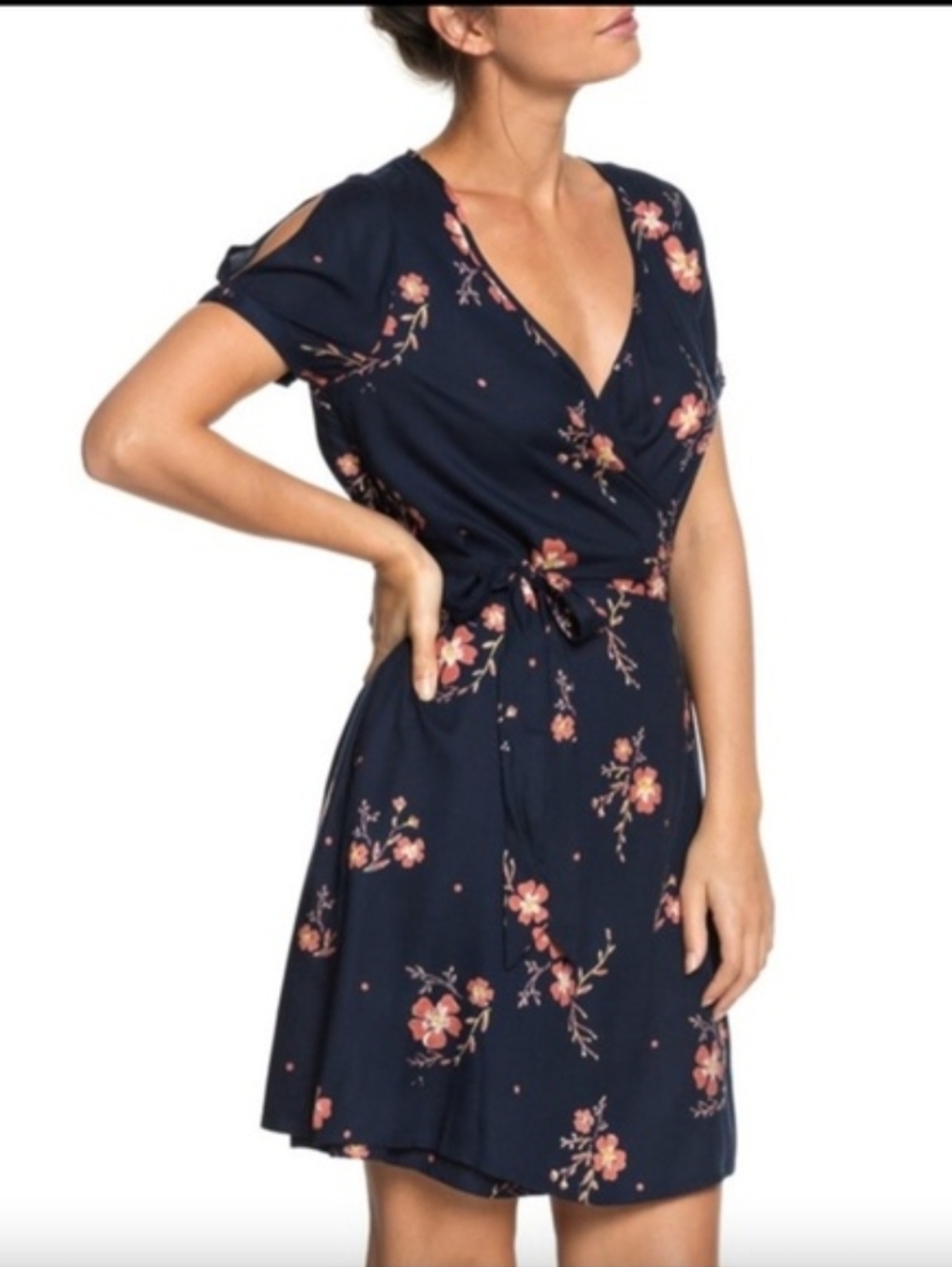 Roxy Navy Floral Wrap Midi Dress with Pink Blooms 🌸